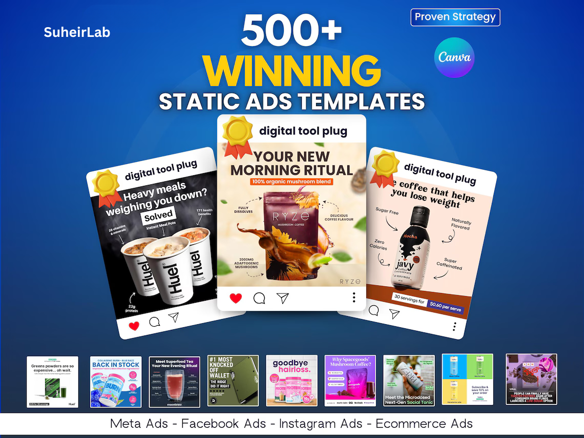 500+ Meta Ad Templates Canva Bundle: Facebook, Instagram, Email (PLR/MRR)